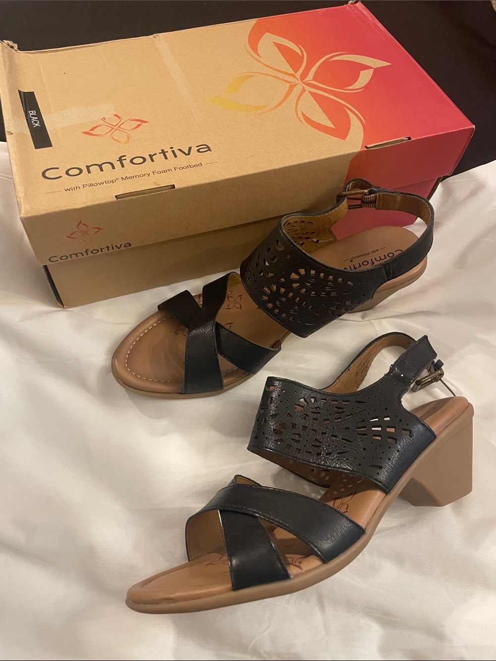Comfortiva Black Leather Perforated Block Heel Sandals
